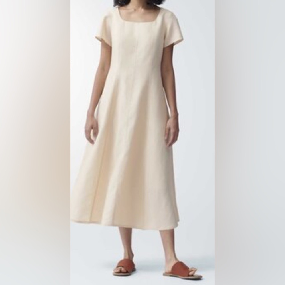Uniqlo NWT Beige Fit and Flare Linen Blend Short Sleeve Midi Dress M